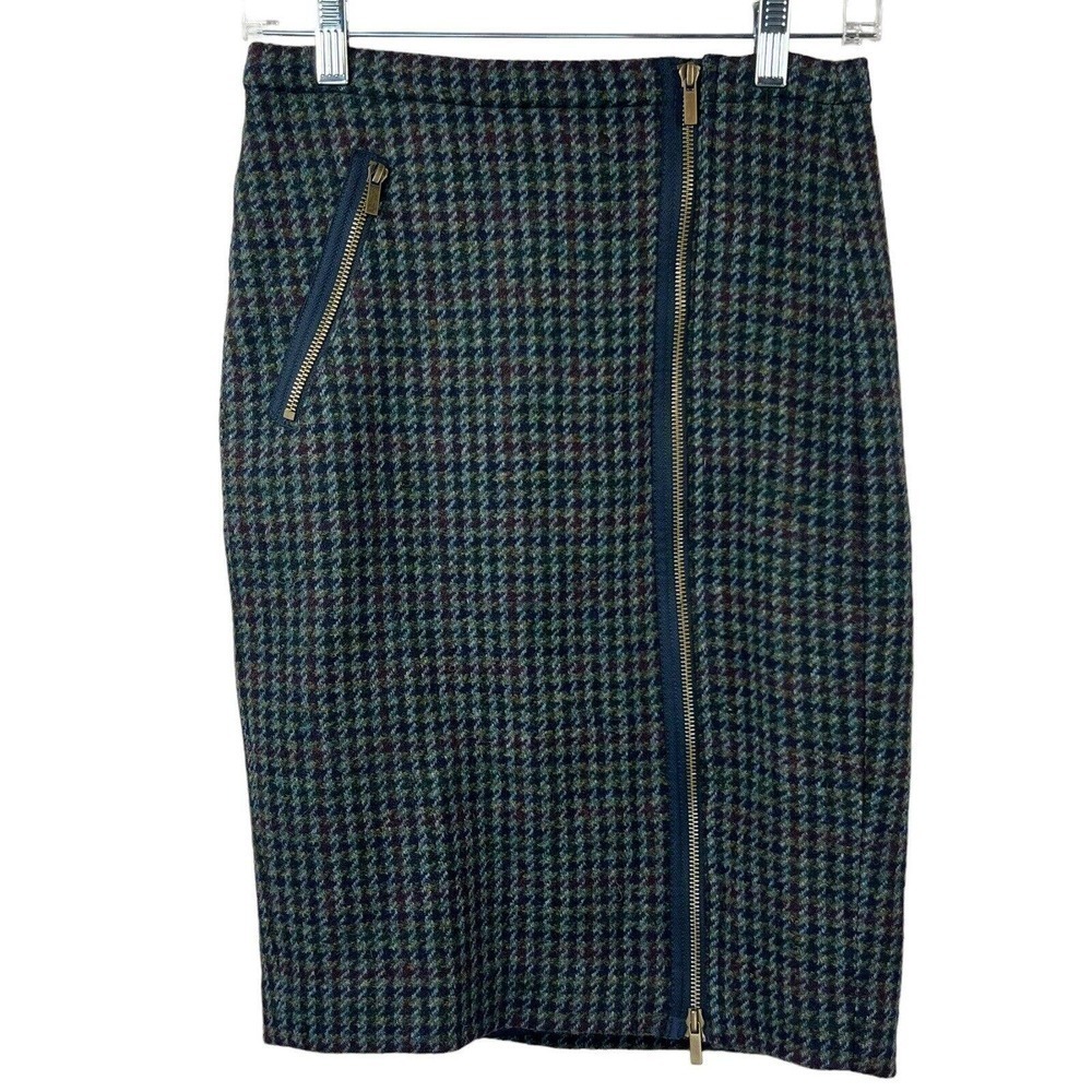 J. Crew Houndstooth Asymmetrical Zipper Wool Pencil Skirt Size 00 Blue